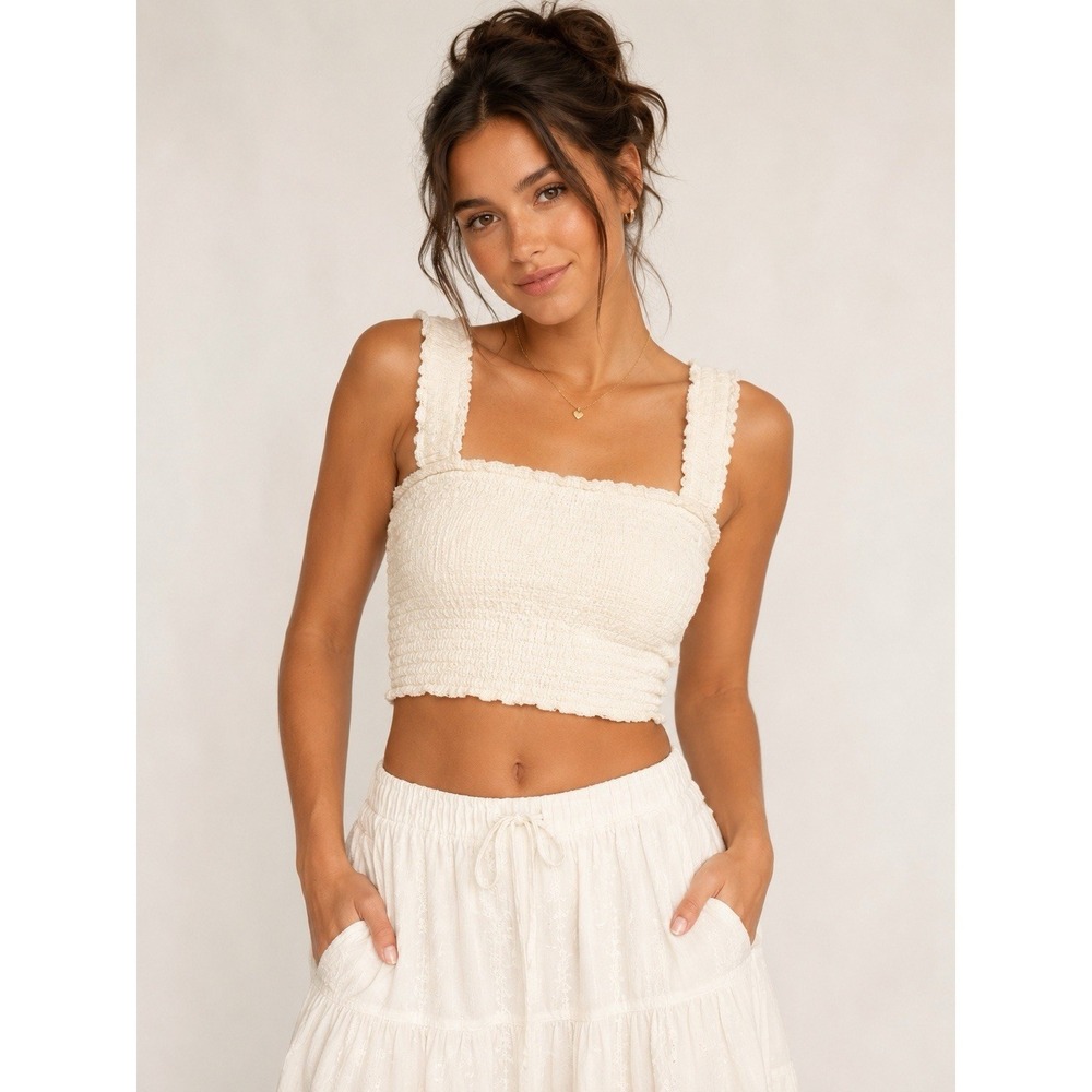 American Eagle Cream Smocked Crop Top Cottagecore Boho Prairie Medium